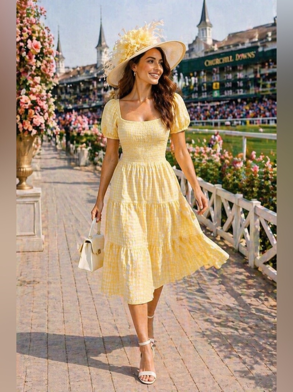 NWT Yellow Gingham Smocked Midi Dress Puff Sleeve Cottagecore Resort Vacation M - Picture 5 of 17